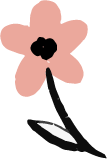 A pink flower with black center and black leaf.