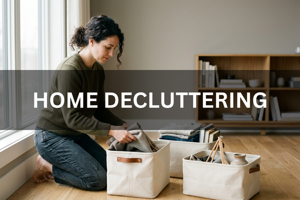 Person doing home decluttering and organising belongings to create a clearer, more organised home.