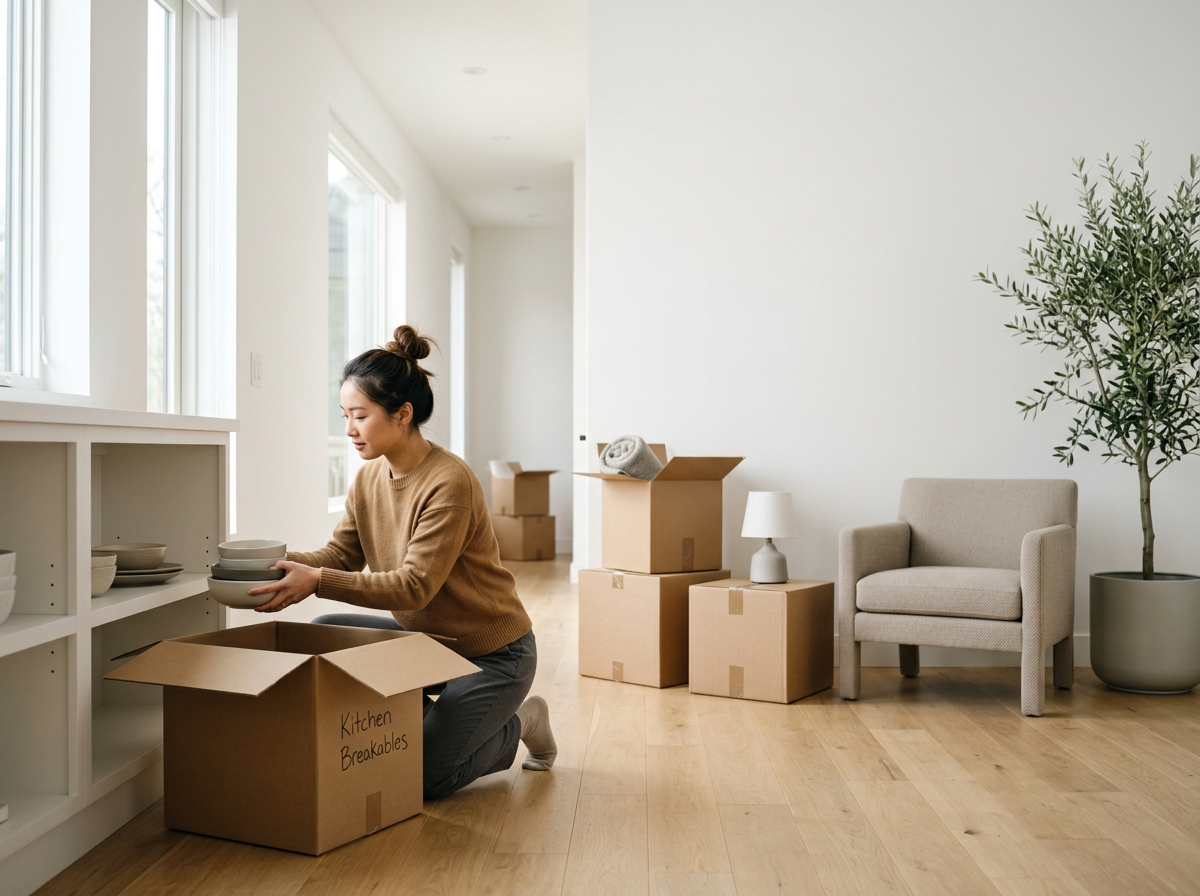 Woman unpacking boxes and setting up their new home after moving. 