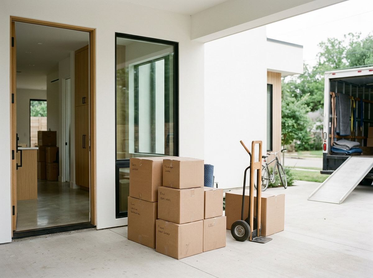 Person moving house with packed boxes and belongings and a moving van in the background.