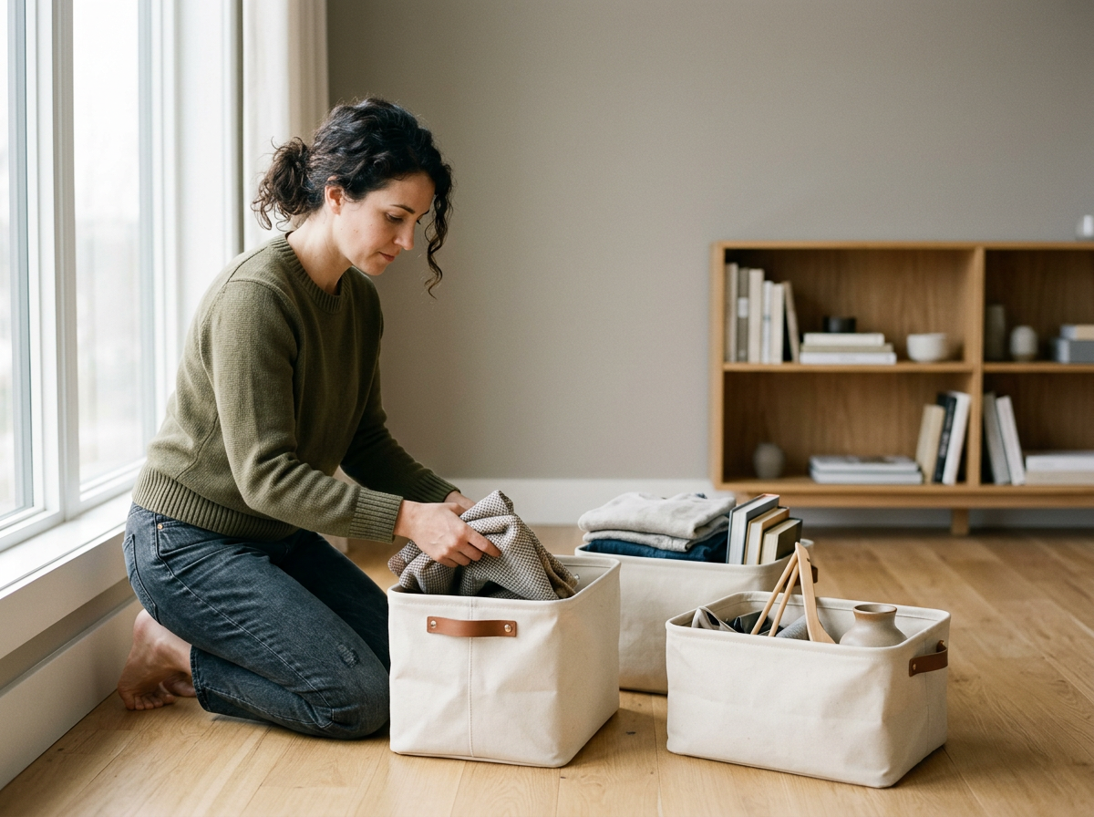 Person doing home decluttering and organising belongings to create a clearer, more organised home.