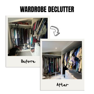 Comparison of a cluttered wardrobe before and after decluttering showing organised clothes.