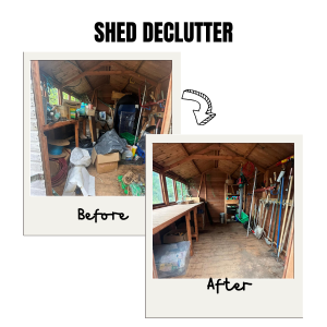 Comparison of shed decluttering: before cluttered with tools and equipment, after cleaned and organised with yard tools hanging on the wall.