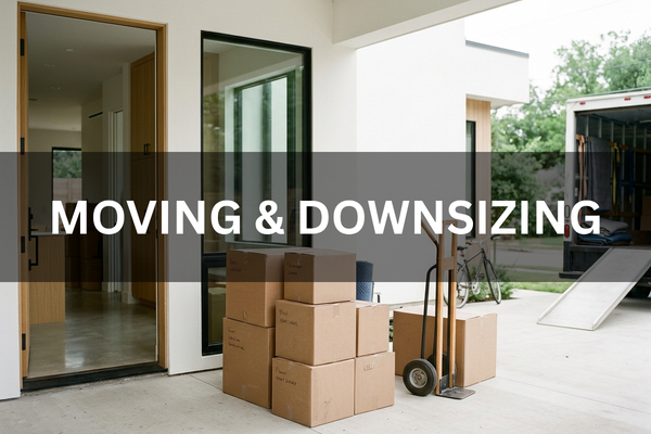 Person moving house with packed boxes and belongings.