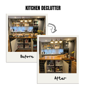 Comparison of a cluttered kitchen before and a reorganised, decluttered kitchen after renovation.