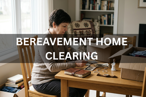 Person sorting through a loved one's belongings while clearing an inherited home.