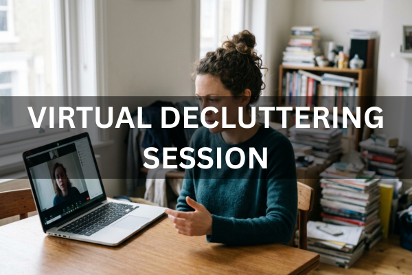 Person in a cluttered home speaking to a professional organiser during a virtual decluttering session.
