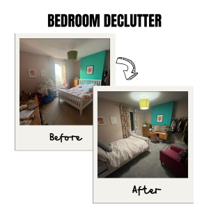 Comparison of a cluttered bedroom before and after decluttering, showing a tidy, organised space.