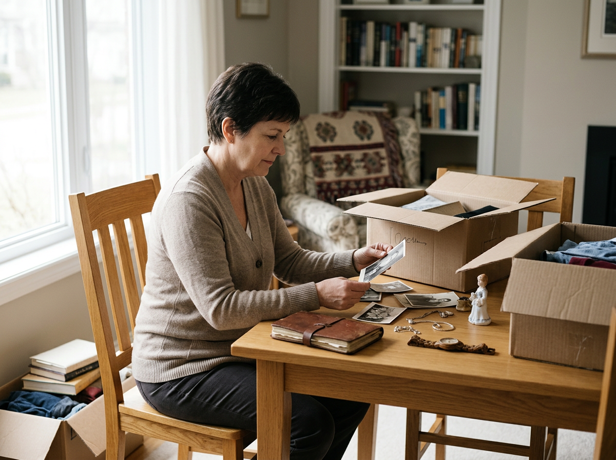 Woman with short dark hair sitting at a wooden dining table, looking at black-and-white photographs, surrounded by cardboard boxes filled with clothing and items, in a well-lit room with a bookshelf and window.