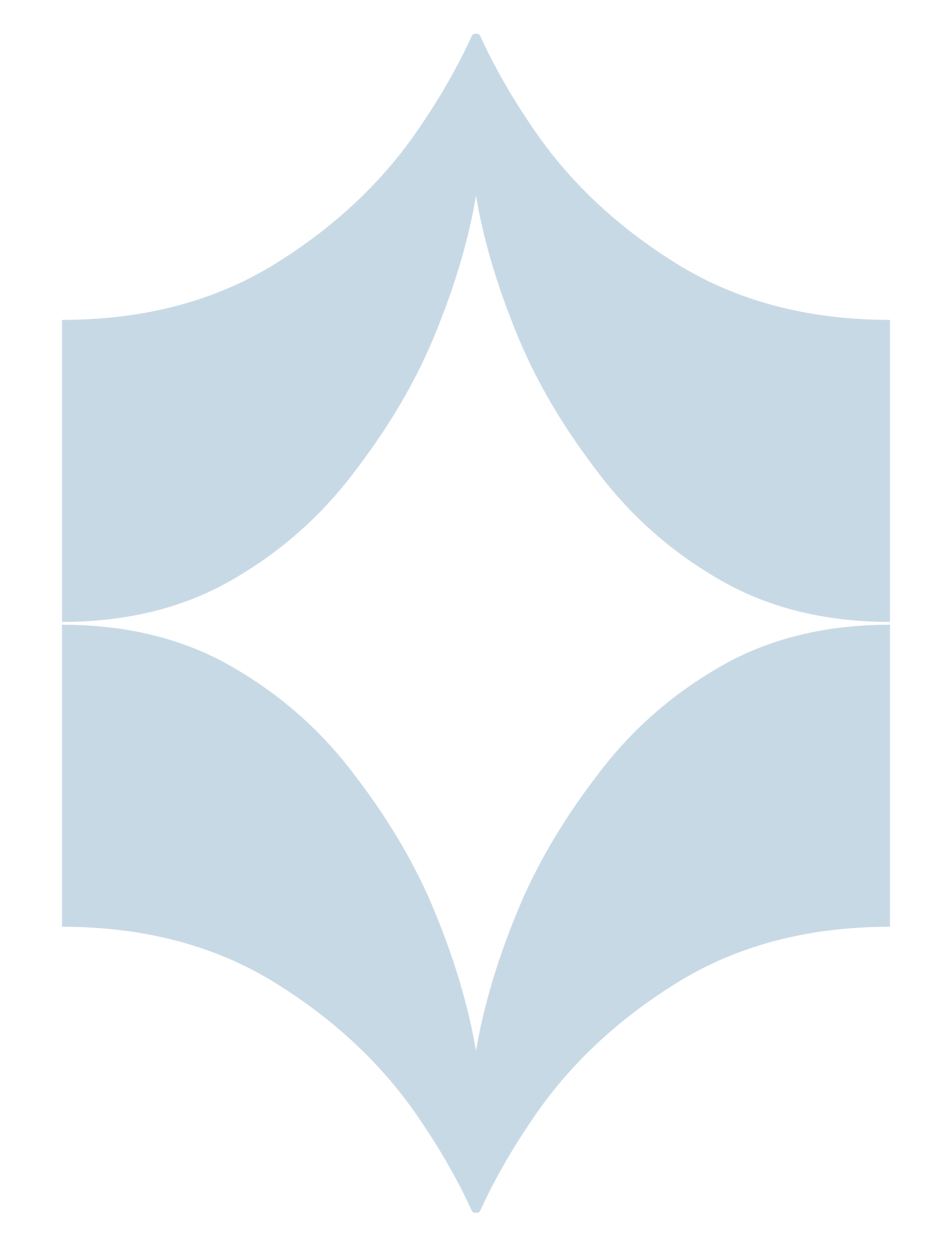 A geometric symmetrical design with a black diamond shape in the center, surrounded by blue petal-like shapes on each side.