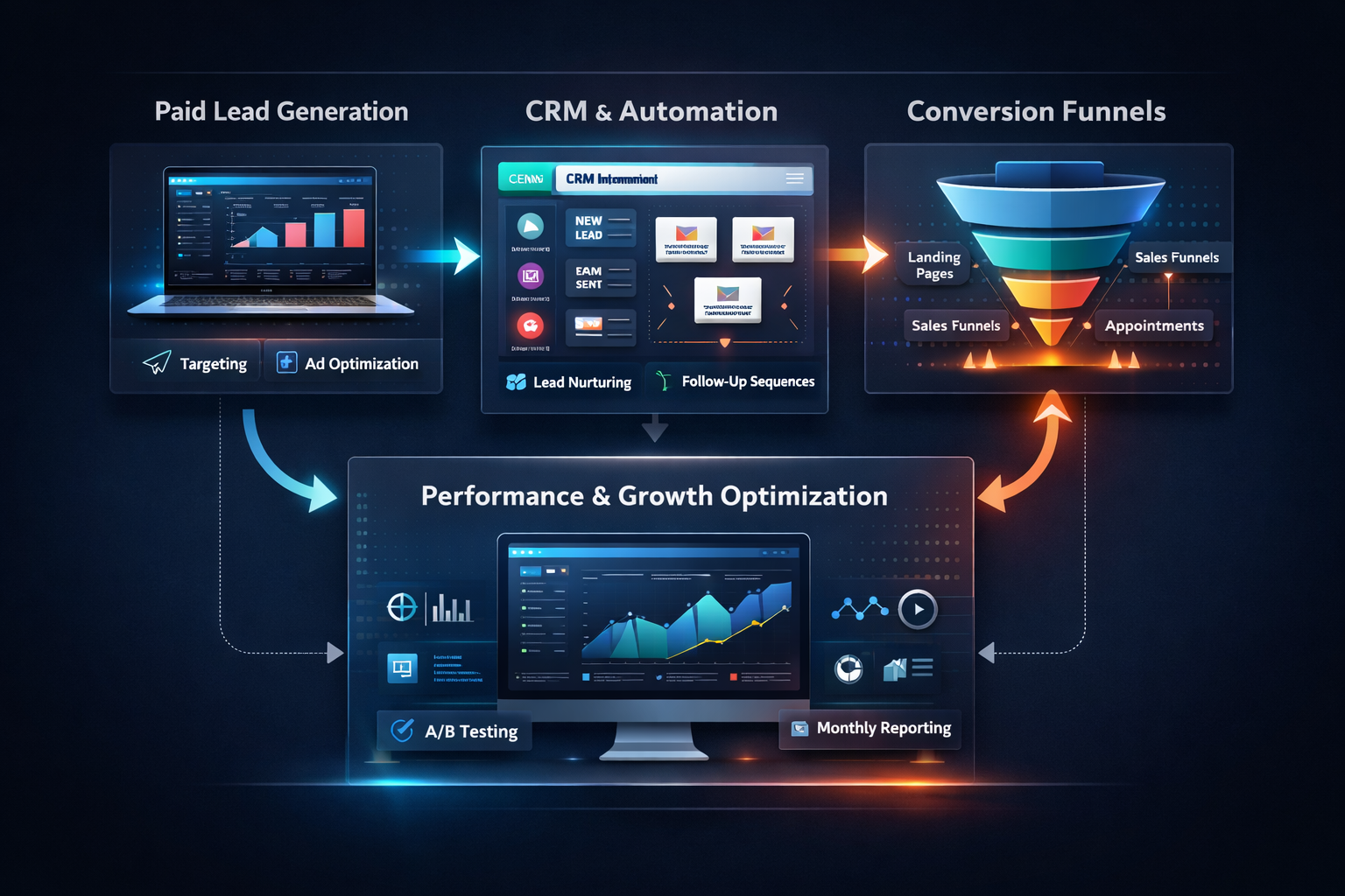 A digital marketing flowchart showing paid lead generation, CRM & automation, and conversion funnels with performance & growth optimization, including targeting, ad optimization, lead nurturing, follow-up sequences, A/B testing, and monthly reporting.