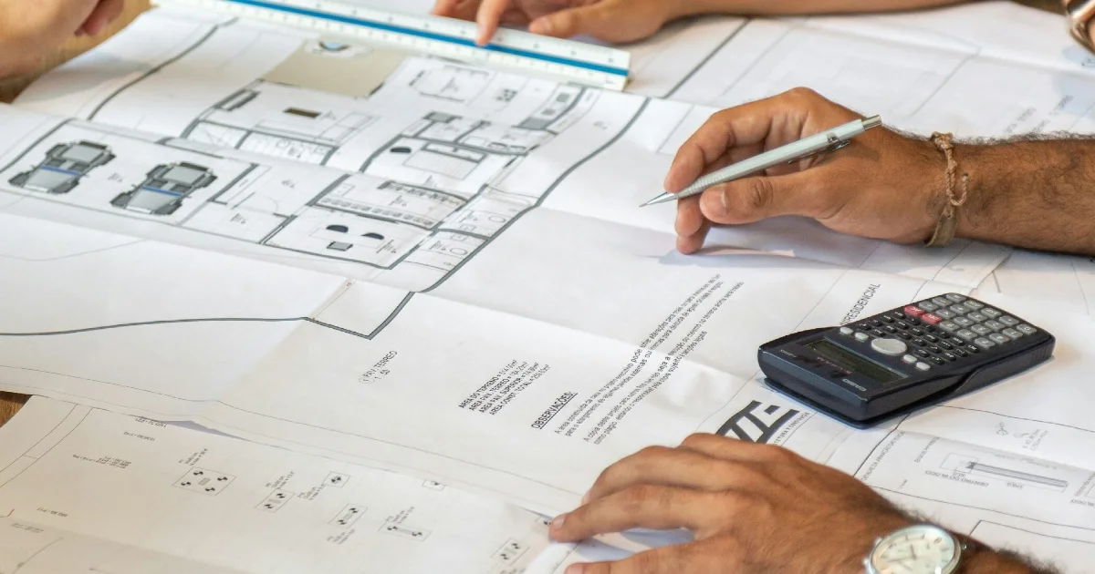 Two people working on architectural plans and blueprints on a table, with a calculator, a pencil, and a ruler.