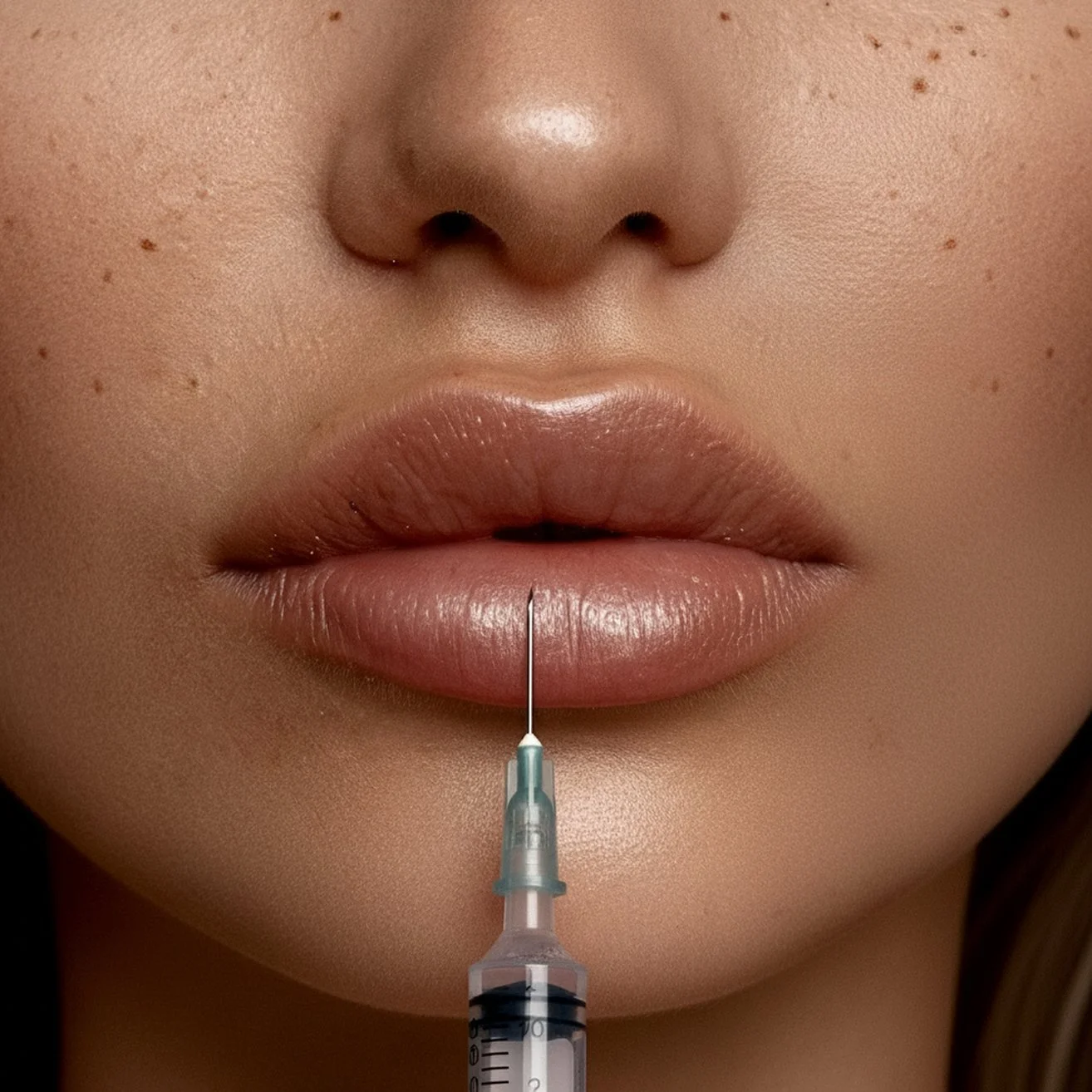 Close-up of a woman's lips with a syringe held just below them, suggesting lip injection or cosmetic procedure.