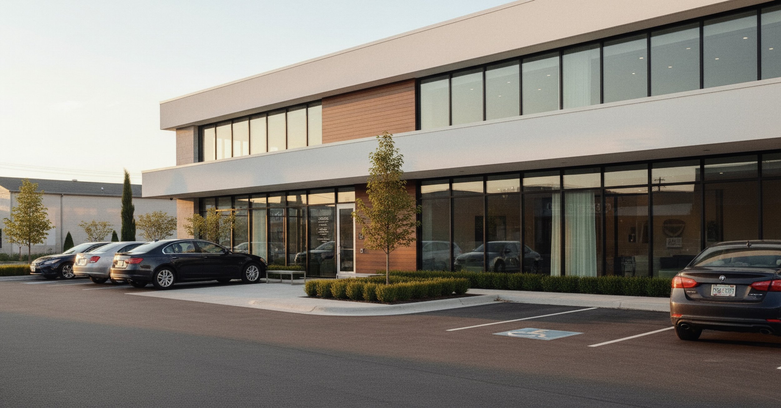 Modern two-story office building with large glass windows, surrounded by a parking lot with several cars, small trees, and landscaped bushes.