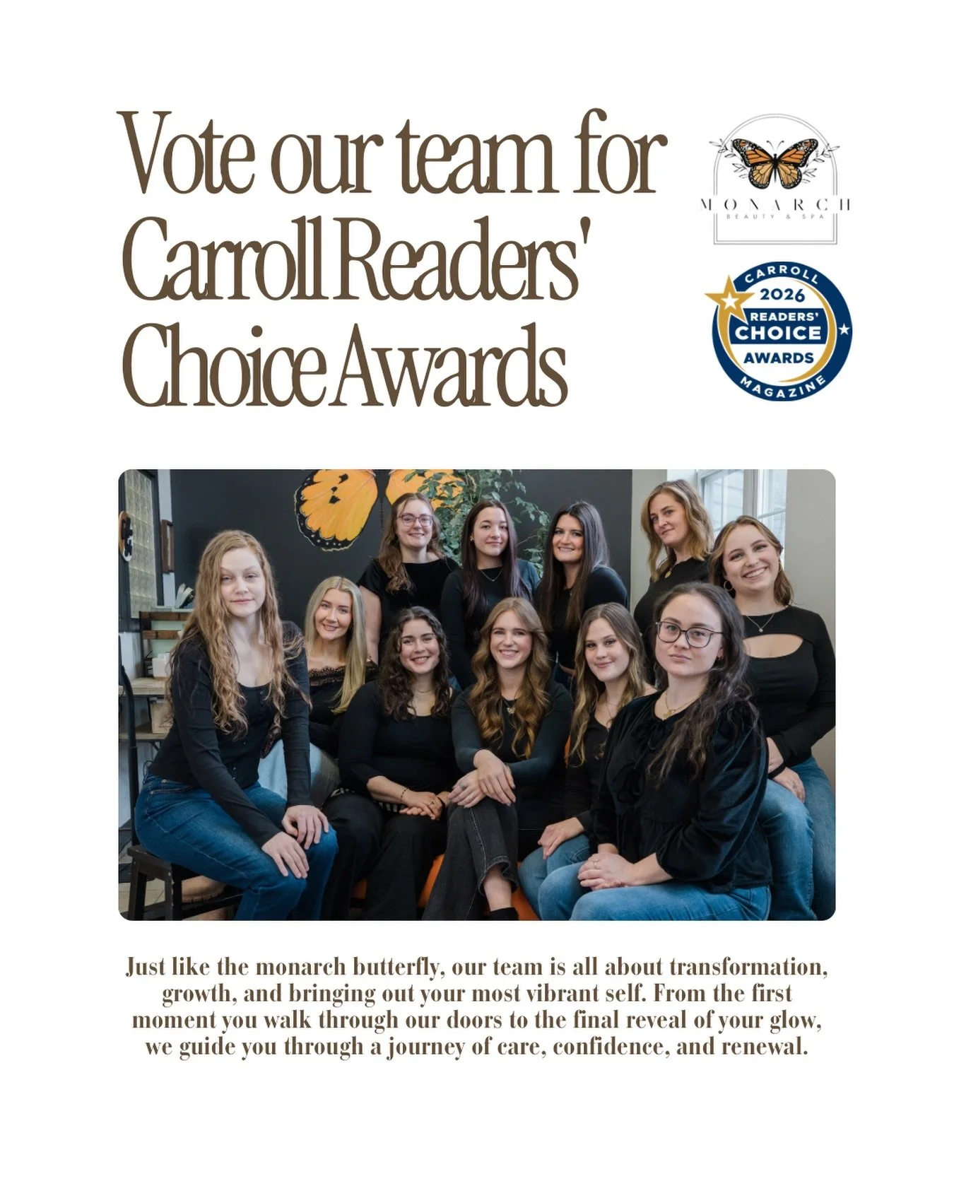Big news over here 🖤

We&rsquo;ve officially been nominated for Carroll Readers&rsquo; Choice Award and it truly means everything&hellip; because it came from you.

You can vote for us in:
&bull; Med Spa
&bull; Women&rsquo;s Haircut + Styling
&bull;