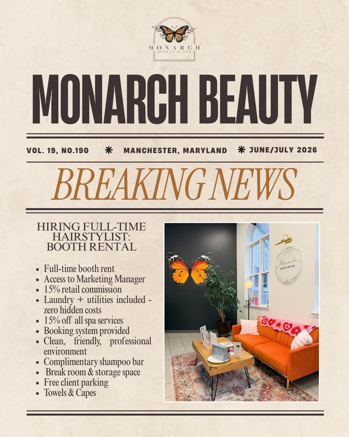 Your chair is waiting. 

Monarch Beauty &amp; Spa in Manchester, MD is now accepting full-time booth rental stylists. 

Flexible booking, zero hidden costs, and a team that actually supports your growth. 

Hairstylists &mdash; this is your sign.