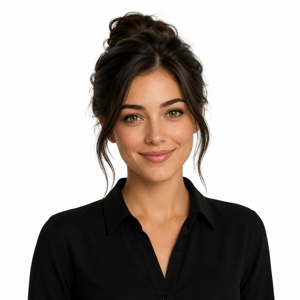 Portrait of a woman with dark brown hair styled in an updo, wearing a black collared shirt, smiling, against a white background.