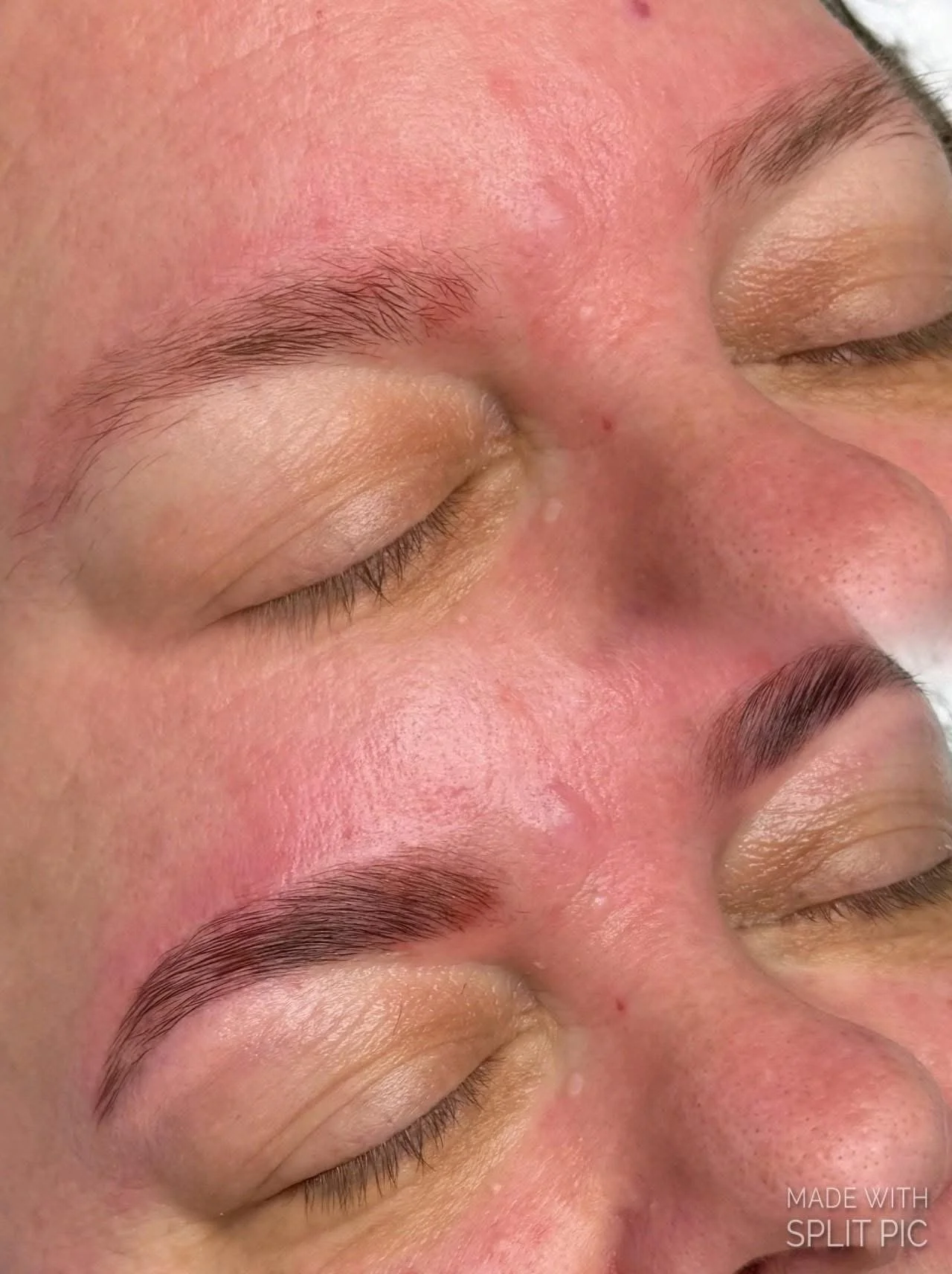 Close-up comparison of a person's eyebrows before and after eyebrow microblading or shaping, showing a more defined and fuller appearance after.