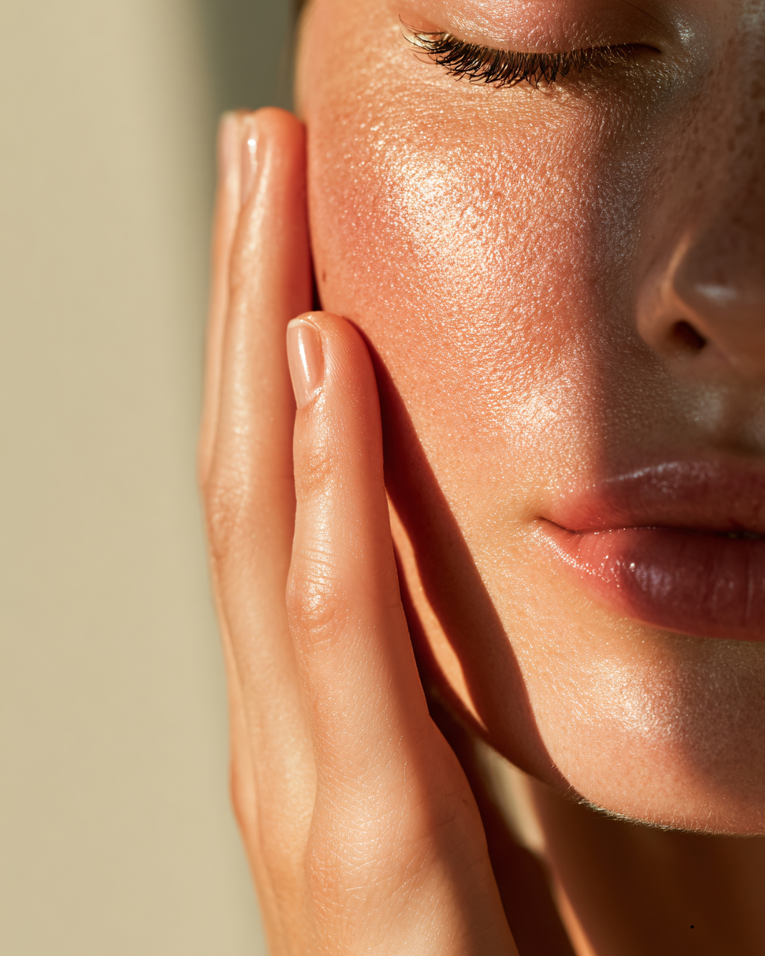 Close-up of a woman's face with a hand gently touching her cheek, showing radiant, glowing skin with sunlight highlighting skin texture and facial features.
