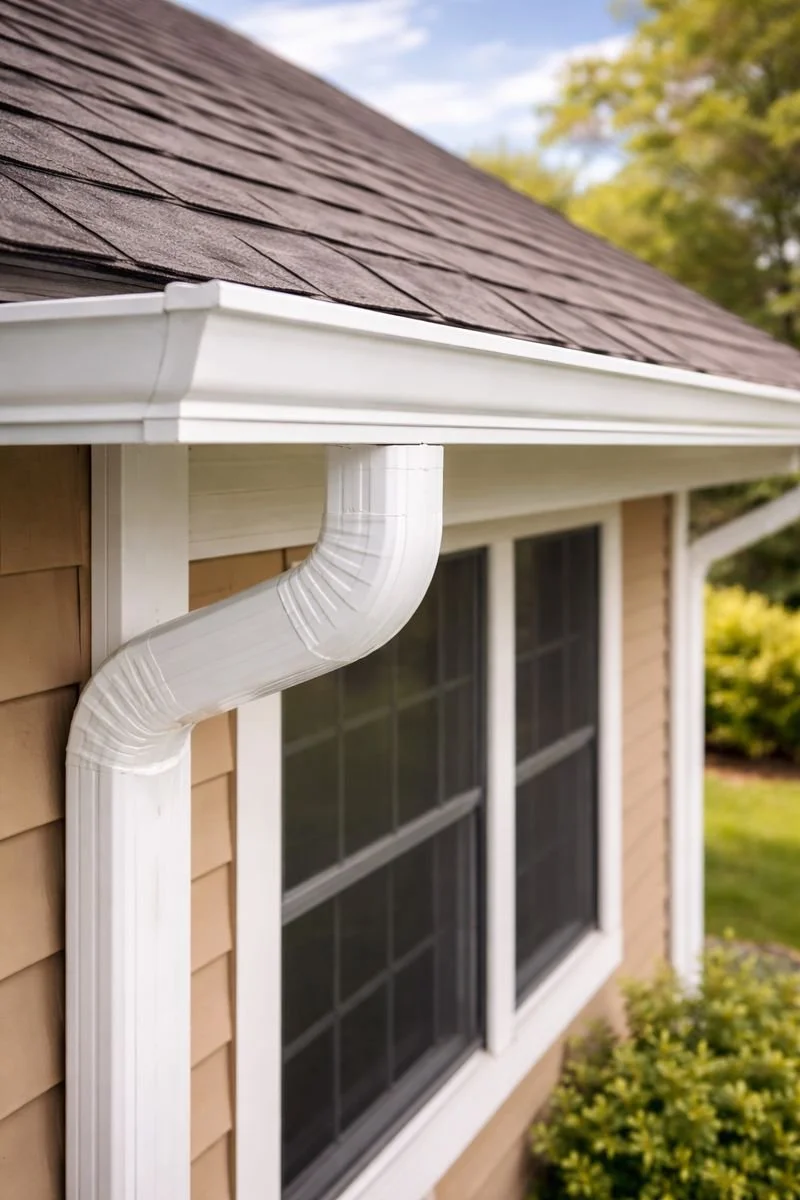 Close-up of a house gutter system with a white rain gutter and downspout next to a window on beige siding, with trees and a cloudy sky in the background.
