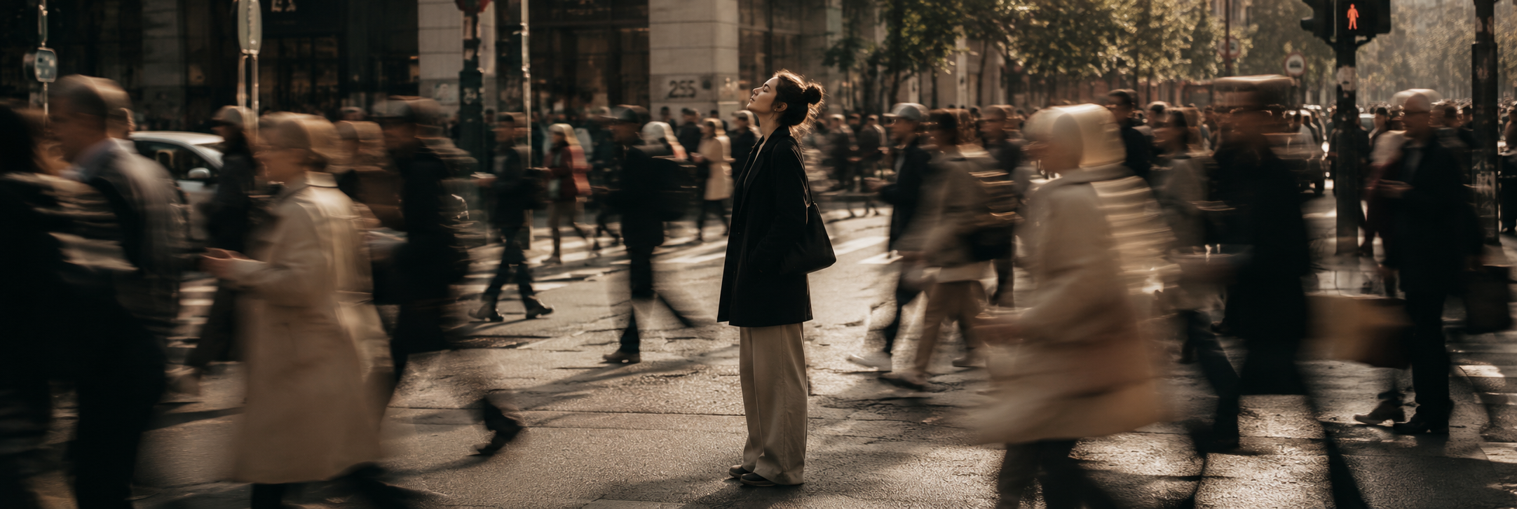 A woman stands in the middle of a very busy street and looks up with her eyes closed. The passersby around her are blurred by motion.