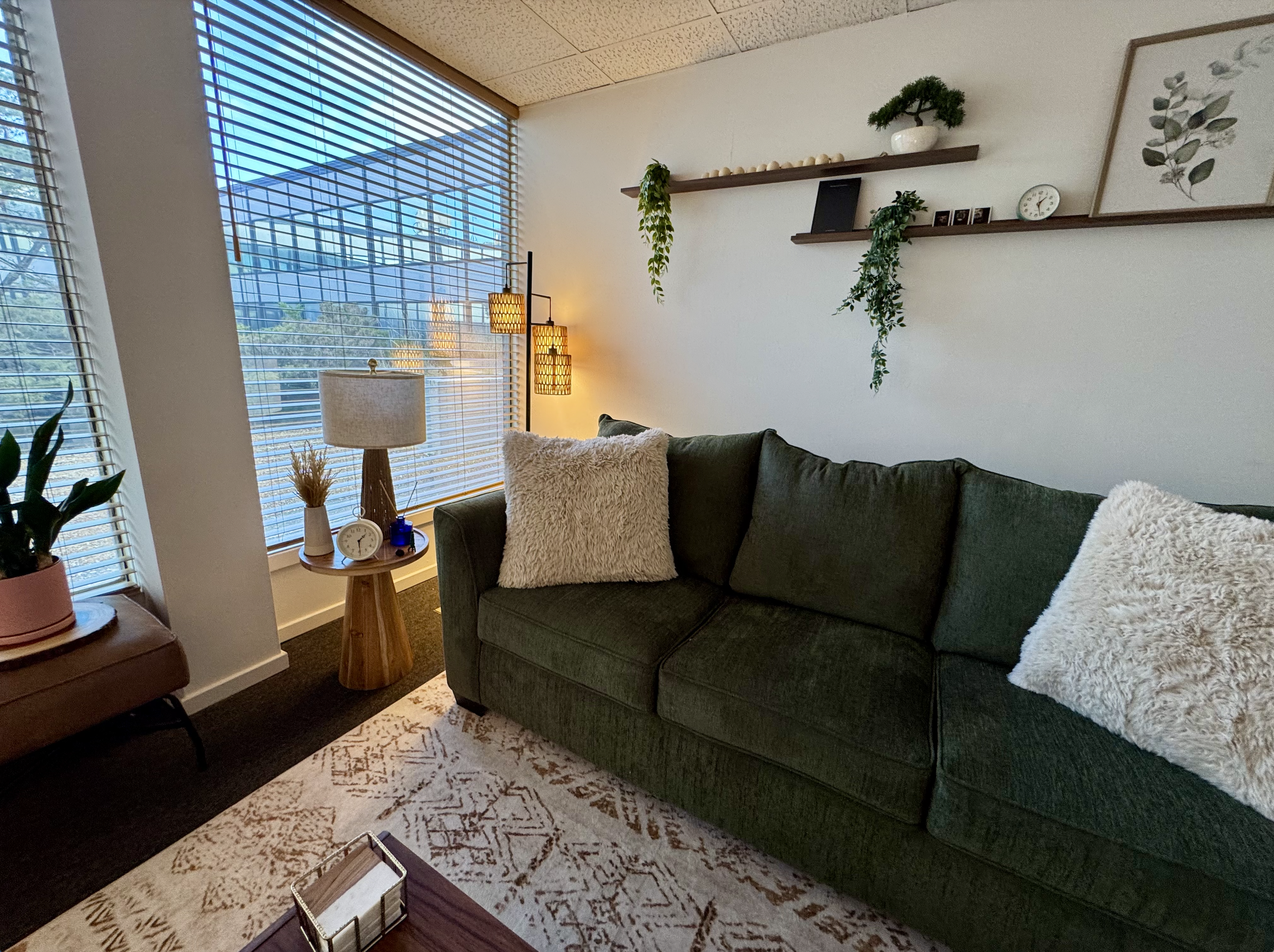 Living room with large window, green sofa with plush pillows, wooden side table with lamp, plant, and clock, decorative shelves with plants and pictures, patterned rug, and modern floor lamp.