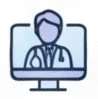 A doctor sitting at a desk, focused on a computer screen, with medical charts visible in the background.