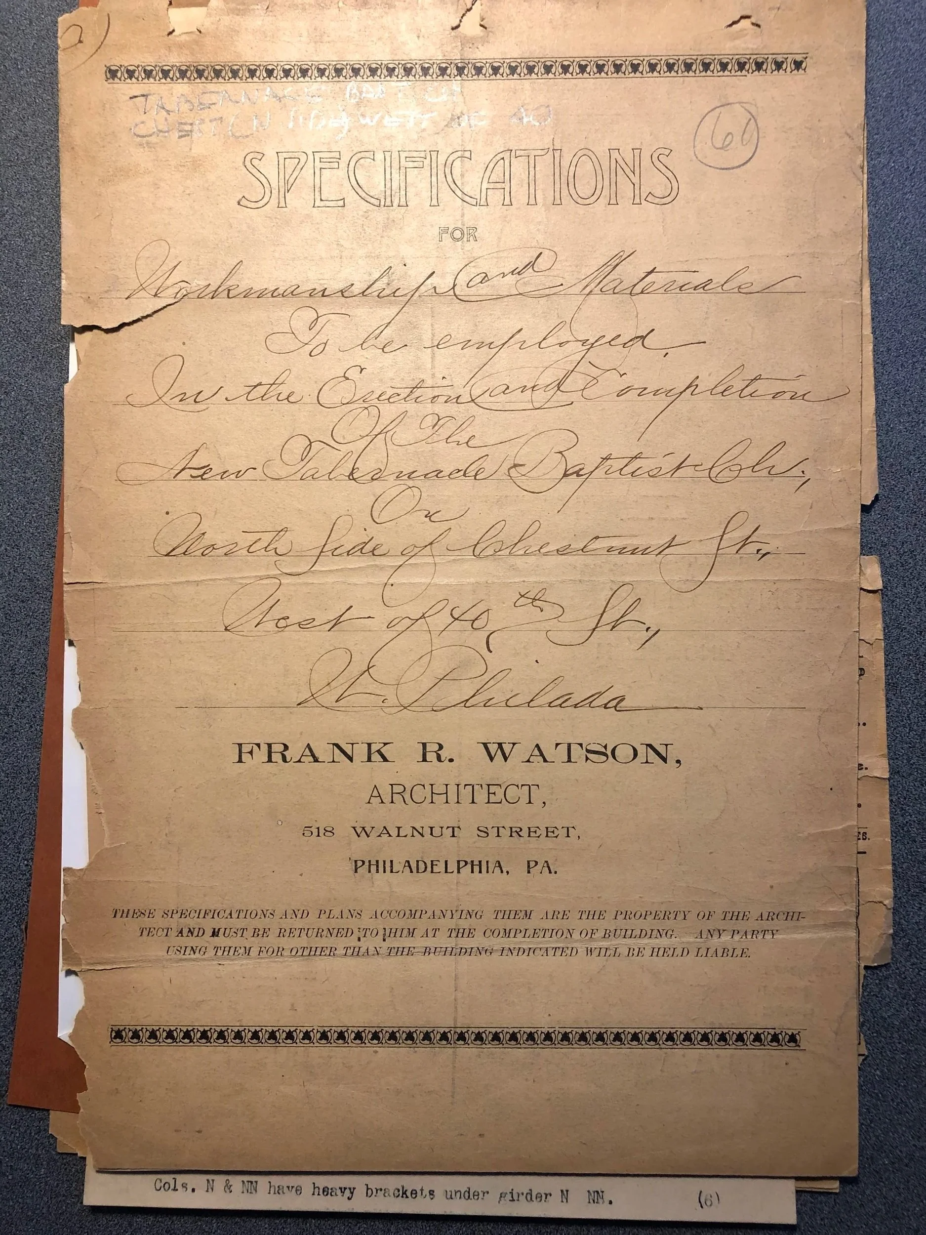 Frank Watson's Specifications for New Tabernacle Baptist Church, ca. 1896 (Historical Society of Pennsylvania)