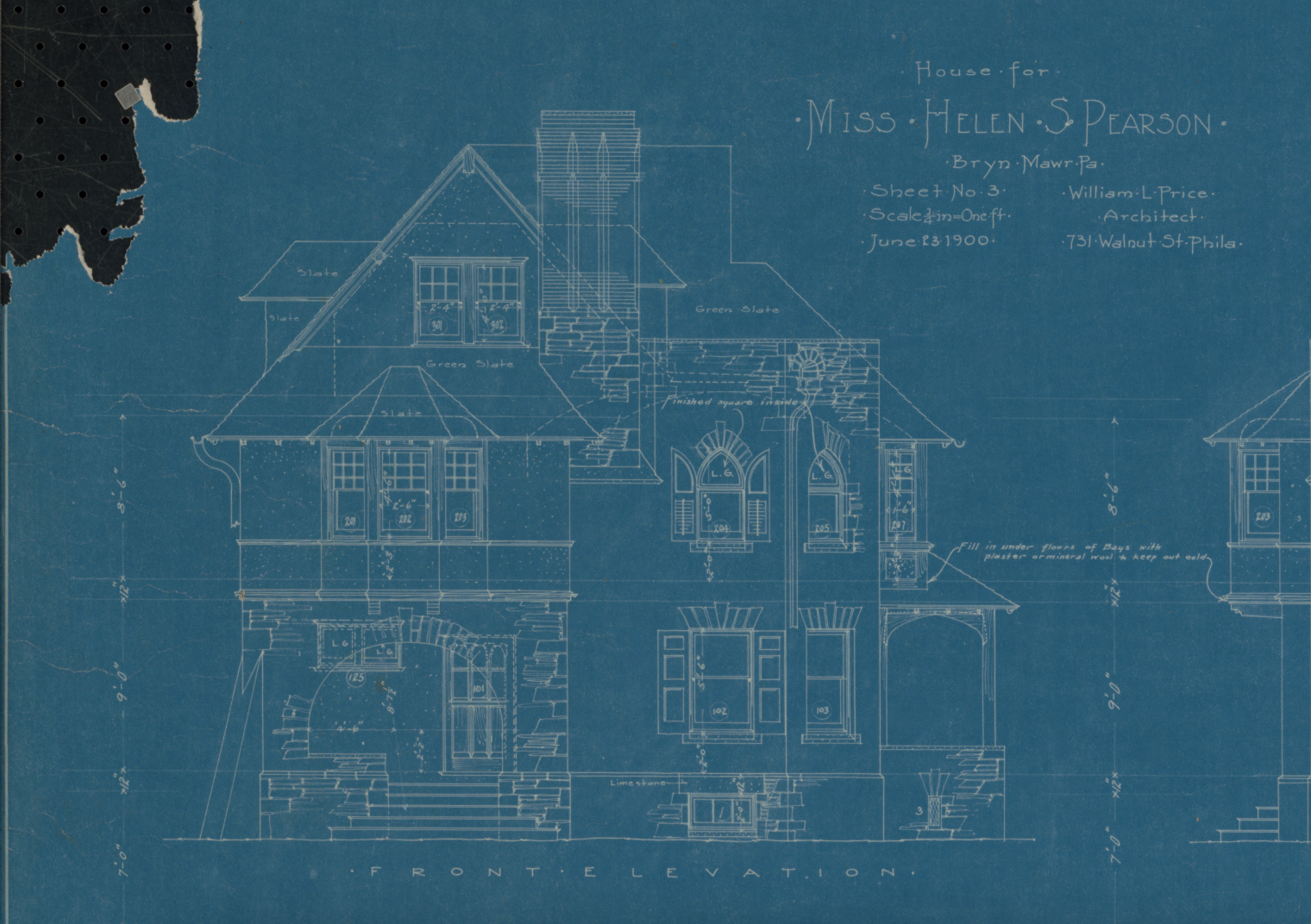 Portion of original blueprint for 17 Elliott Avenue, digitized by the Athenaeum of Philadelphia for this project.
