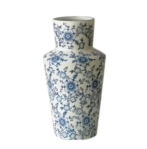 A decorative vase with blue floral patterns on a white background.