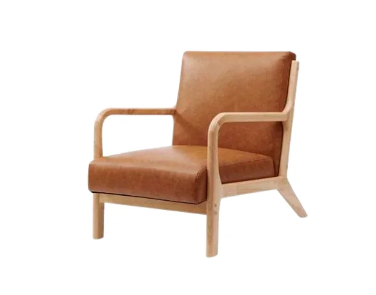 A modern armchair with wooden frame and tan leather cushion.