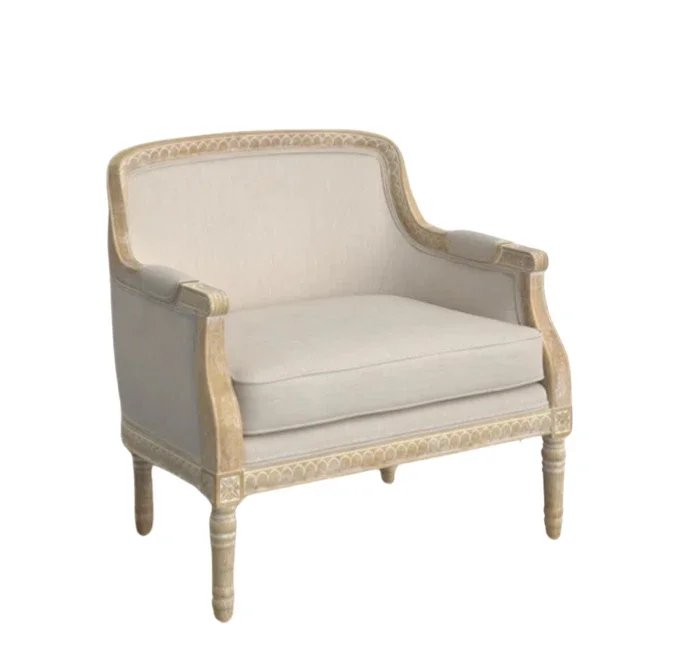 Elegant vintage-style two-seater sofa with cream upholstery and light wood frame