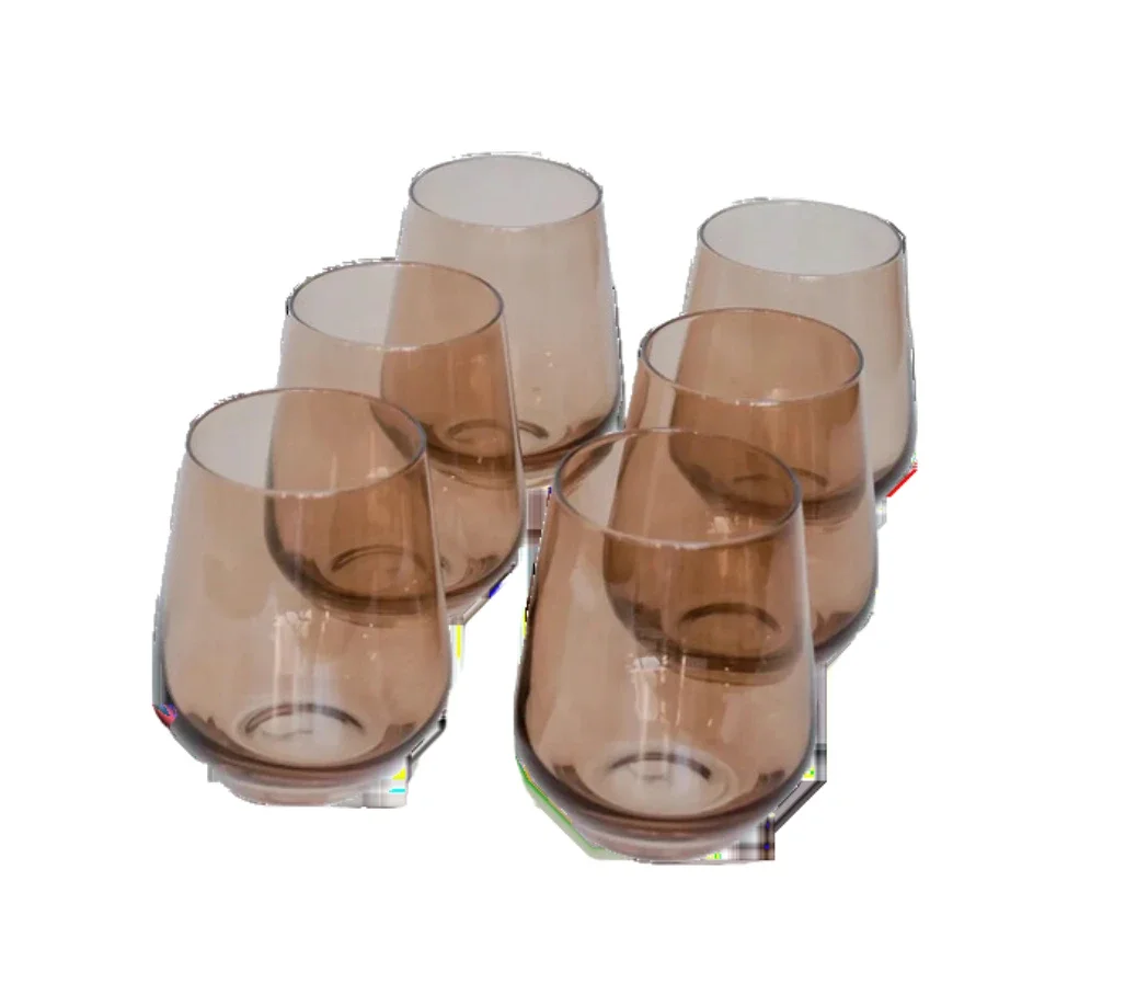 Six brown-tinted glass cups arranged in a 3x2 grid on a white background.