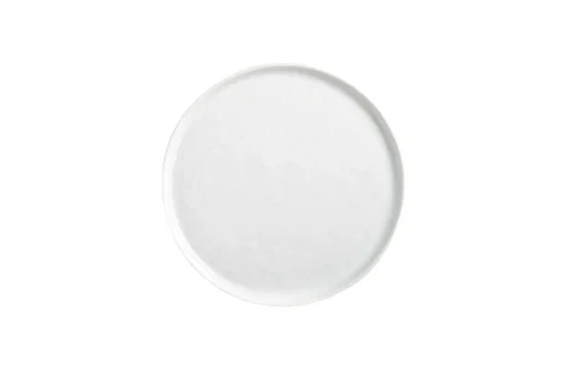 Empty white circular plate or dish on a plain background.