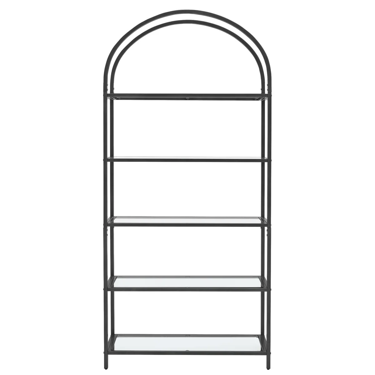 A tall black metal shelving unit with five shelves, topped with a rounded arch design.