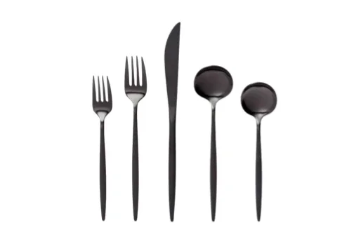 Set of black plastic cutlery including two forks, one knife, and two spoons.