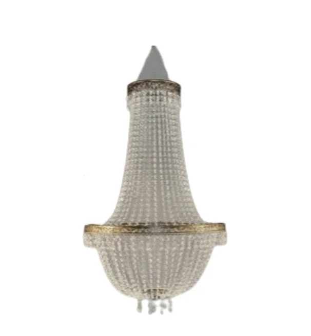 Upside-down chandelier with crystals hanging and a pointed top.