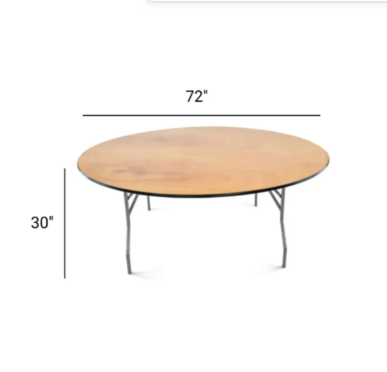 Round wooden table with black metal legs, measurements 72 inches wide and 30 inches tall.