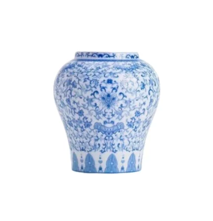 Blue and white porcelain vase with intricate floral pattern.