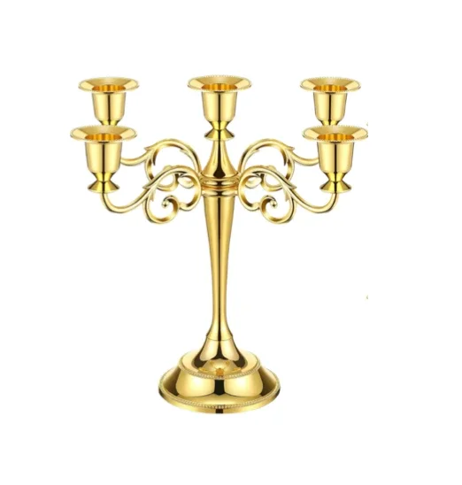A gold-colored candelabrum with five candle holders, ornate curved arms, and a decorative base.