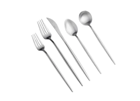 A set of three stainless steel forks and two stainless steel spoons on a white background.