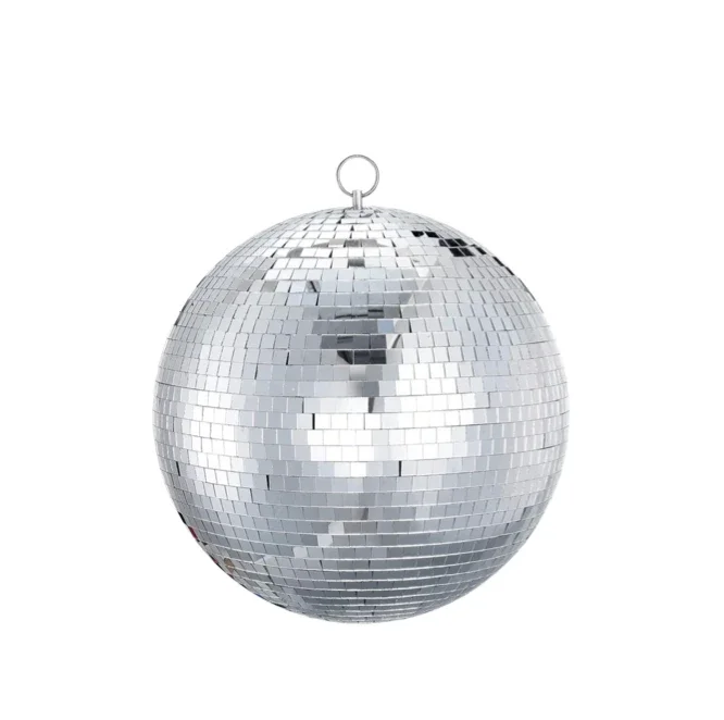 A shiny disco ball with reflective mirror tiles.