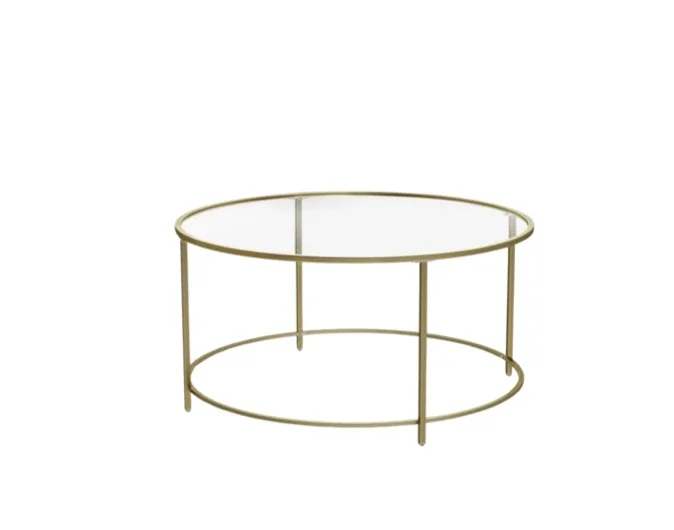 A round glass-top coffee table with a metal frame and legs.