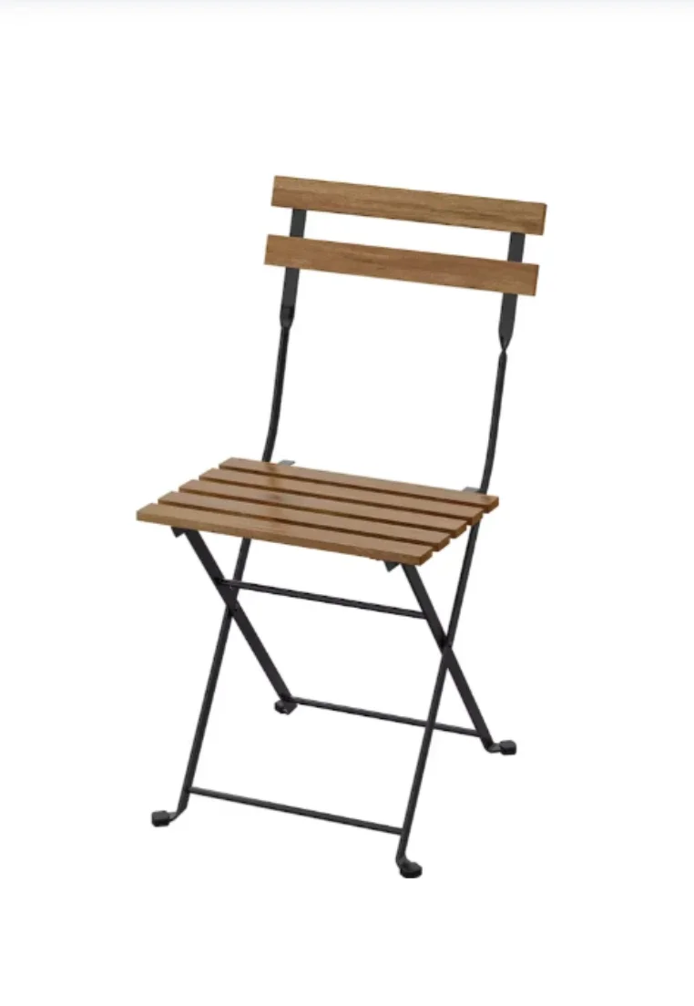 A foldable outdoor chair with a wooden slatted seat and backrest, black metal frame, and armrests.