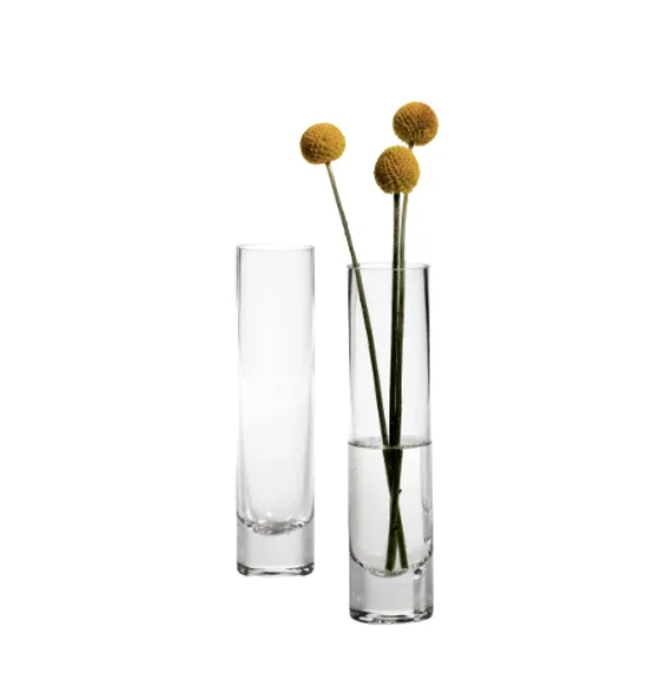 Two clear glass vases with yellow billy button flowers, one empty and one filled with water, against a white background.