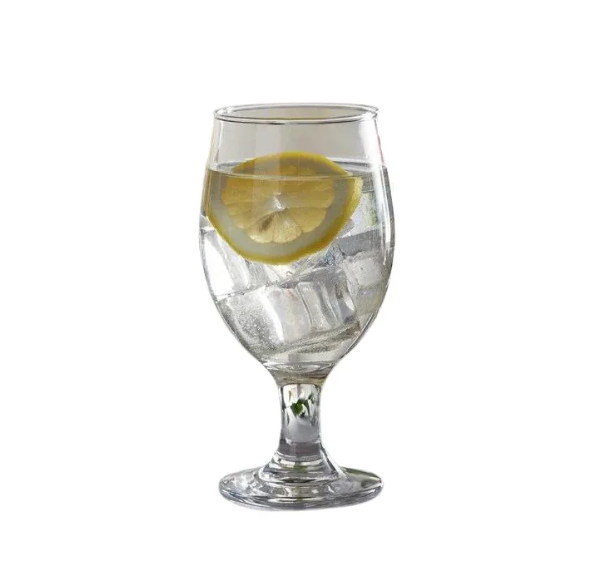 A glass of water with ice cubes and a slice of lemon.