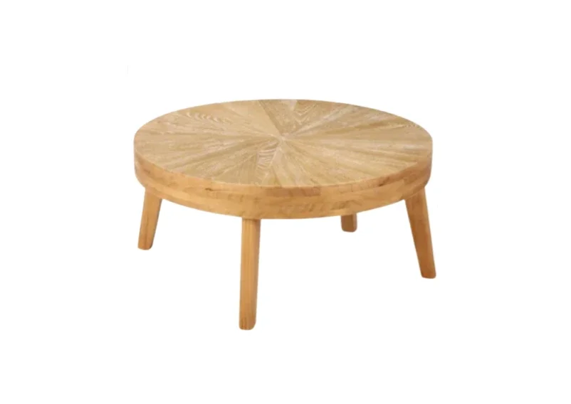 Round wooden coffee table with four angled legs on a white background.