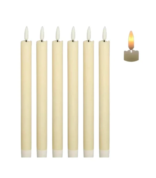 Seven lit candles and one unlit candle, all in white holders.