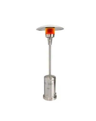 An outdoor patio heater with a round reflector, a central glowing heating element, and a cylindrical base.