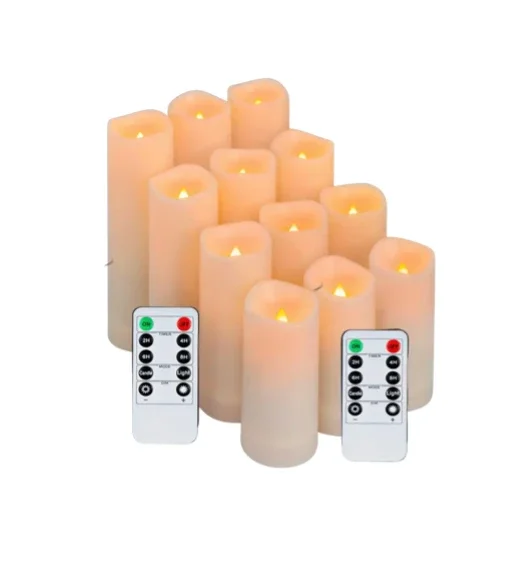 Group of battery-operated flameless candles with remote controls.
